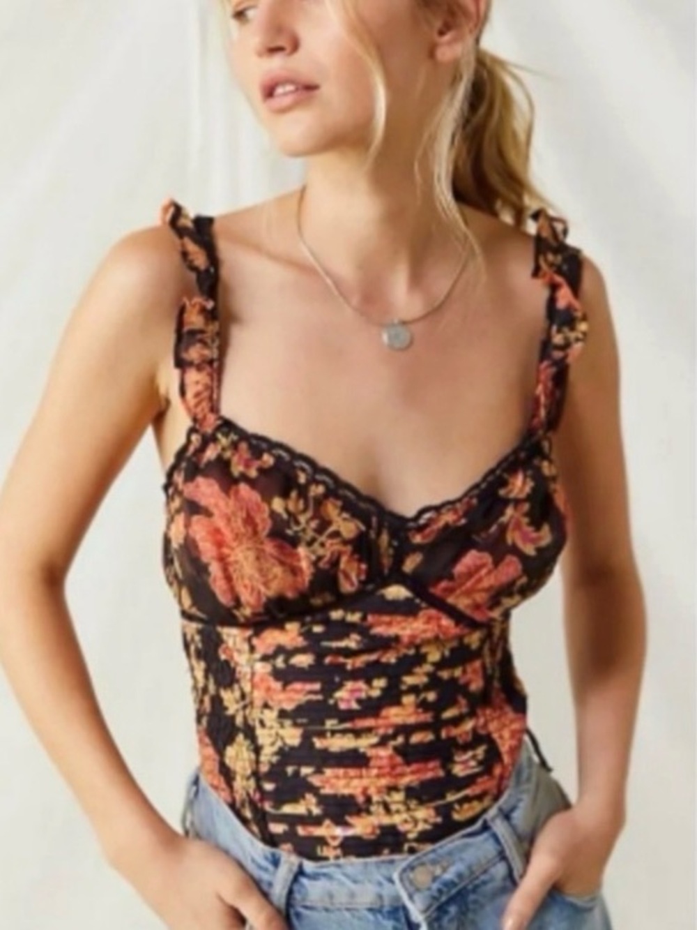 Free People Weekend Plans Bodysuit Womens Babydoll Cut Ruched Bodice Coquette S